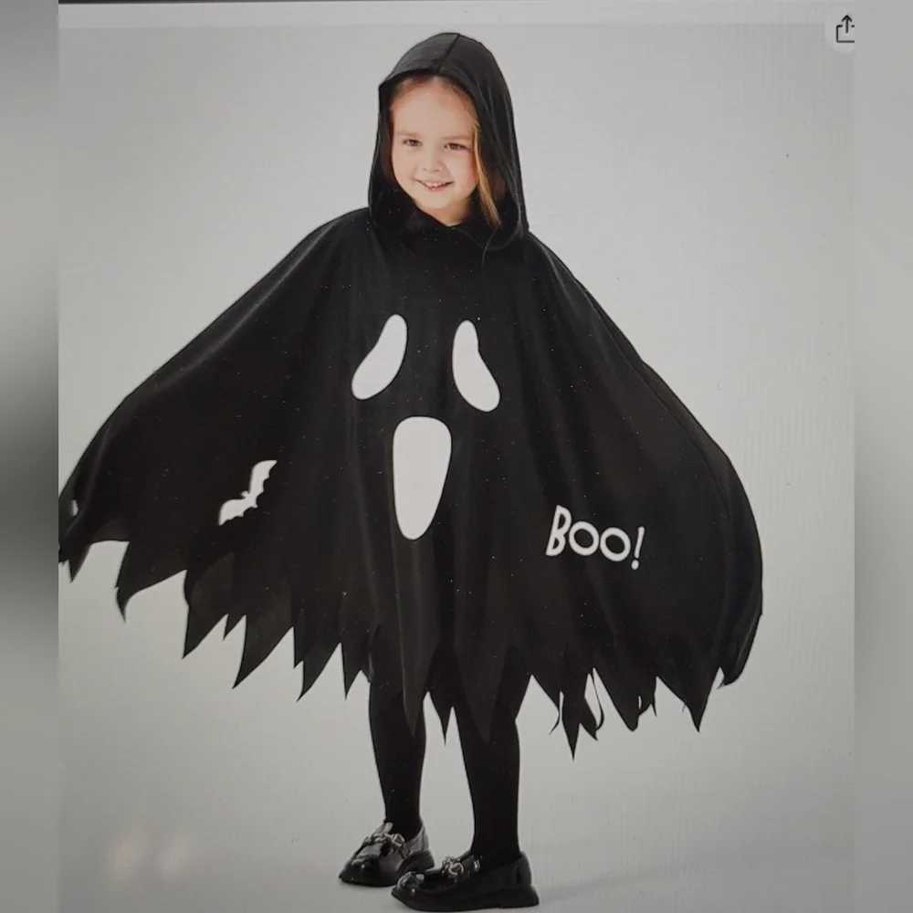 NWT GLOW IN THE DARK GHOST HOODED PANCHO DRESS COSTUME YOUTH 10-12 4 pc set